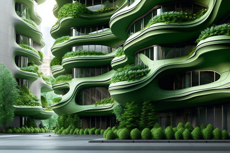 3d render of modern building with green plants in the city.の素材