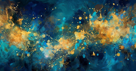 Abstract blue watercolor background with yellow and blue splashes and spotsの素材