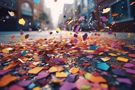 Colorful confetti flying in the air in the city. 3d renderingの素材