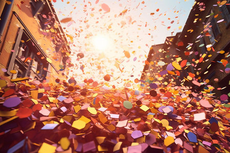 Abstract image of falling colorful confetti in the city. 3d renderingの素材