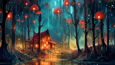 Illustration of a haunted house in the woods with red lanternsの素材