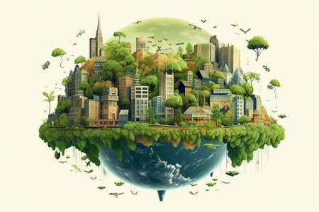 Ecology concept with planet earth and cityscape.の素材