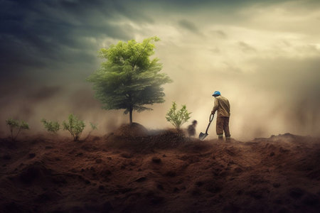 Farmer working in the field with a shovel. concept imageの素材