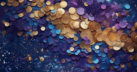 Golden coins on a blue background with sparkles and bokehの素材