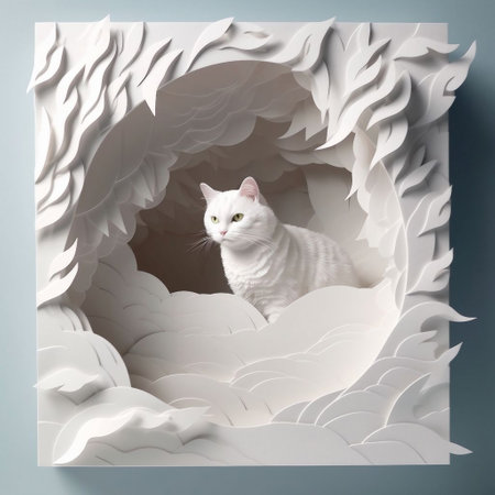 White cat in a hole made of paper. 3d illustration.の素材