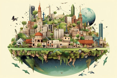 Fantasy planet earth with city buildings and skyscrapers. 3d renderingの素材