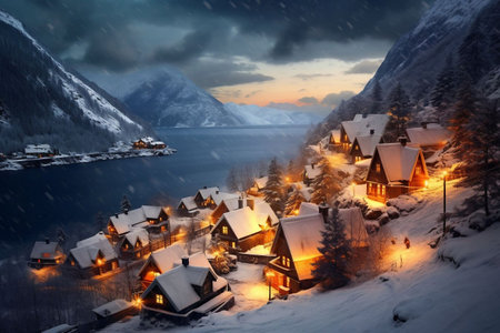 Fantastic winter landscape with wooden houses on the shore of Hallstatt lake.の素材
