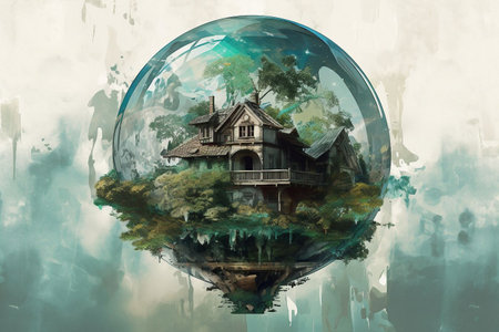 Watercolor painting of a wooden house in the forest in a bubble.の素材