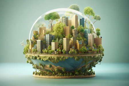 Green city in a glass sphere. 3D illustration. Ecology concept.の素材