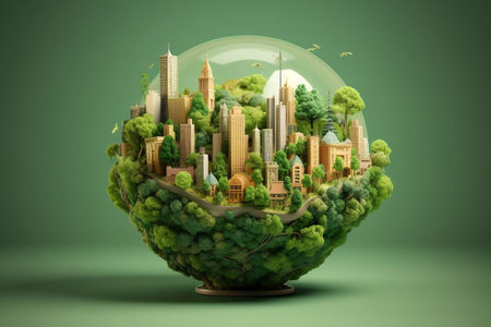 Green city in a glass sphere on green background. 3D renderingの素材