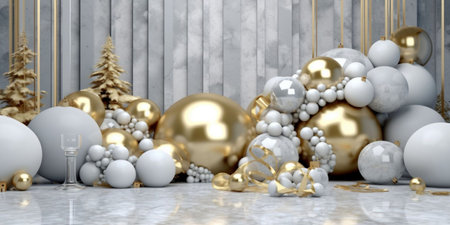 3d render of christmas baubles with gold and silver decorationの素材