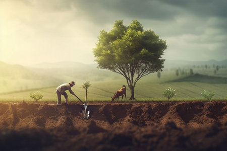 Farmer planting trees in the field. Concept of agriculture and farming.の素材