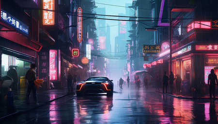 Night view of a street with people and cars in Cityの素材