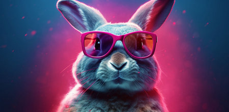 Funny rabbit with pink sunglasses on red background. 3d renderingの素材