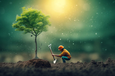 Miniature worker with a shovel and a tree growing in the soil.の素材