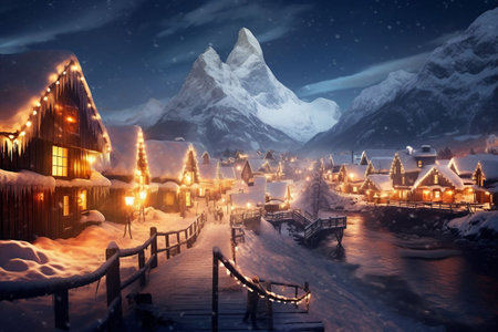 mountain village in the snow. Christmas and New Year background.の素材