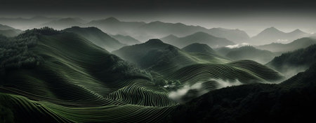 Beautiful panorama of green tea terraces with mist in the morningの素材