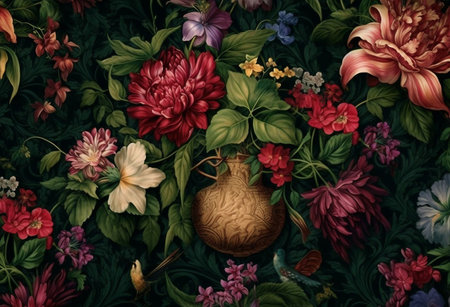 Vintage floral background with dahlias, pansies and birdsの素材