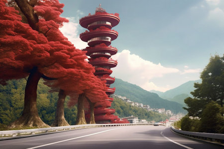 Beautiful red pagoda in the middle of the road with mountain backgroundの素材