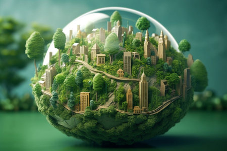 Green city in a glass sphere. Eco concept. 3D renderingの素材