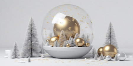 Snow globe with christmas ornaments and fir trees, 3d renderの素材