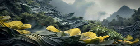 Panorama of banana leaf and flower in the rainforest, Thailandの素材