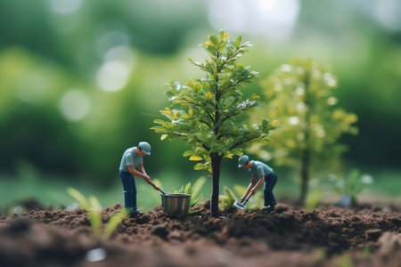 Miniature people planting tree with soil in garden. earth day concept.の素材