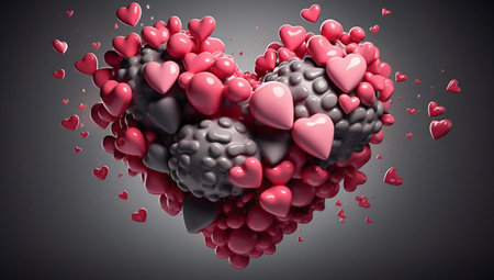 3d illustration of heart made of black, gray and red heartsの素材