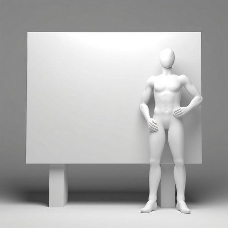 3d render of a man standing next to a blank white boardの素材