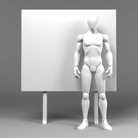 3D render of a mannequin standing next to a blank boardの素材