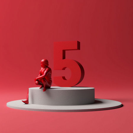 Red man sitting on podium with number five. 3d render illustrationの素材