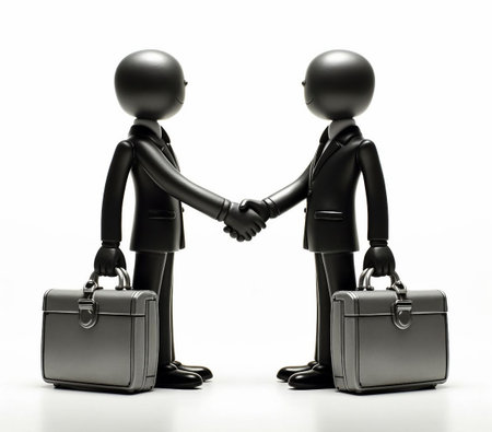 Two black silhouettes of businessmen shaking hands, isolated on white backgroundの素材