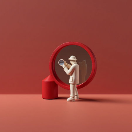 3d illustration of a person looking through a magnifying glass on a red backgroundの素材