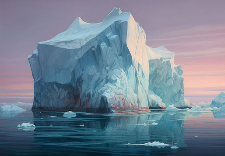 Icebergs in the ocean at sunset. 3d illustration.の素材