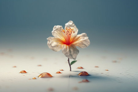 Hibiscus flower with water drop on blue background. Shallow depth of fieldの素材