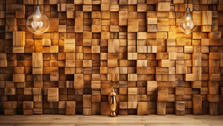 Wooden wall with lamps. 3D rendering. vintage style.の素材