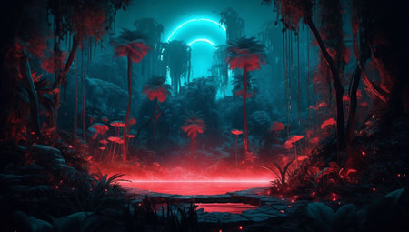 Fantasy landscape with palm trees. 3d illustration. neon light.の素材