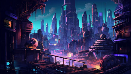 Fantasy alien city at night. digital illustration. 3D renderingの素材