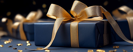 Gift boxes with golden ribbons on dark background, closeupの素材