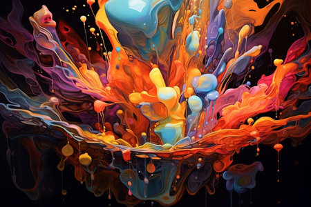 Colorful paint splashes isolated on black background. Acrylic paints mixing in water.の素材