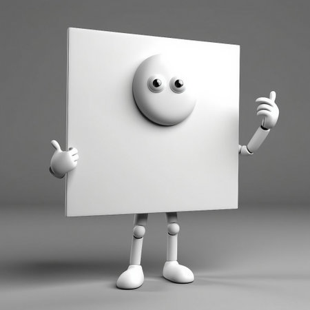 3D render of a white emoticon character with a white boardの素材