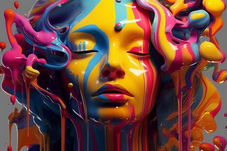 Face of a woman with colorful paint splashes on a gray backgroundの素材