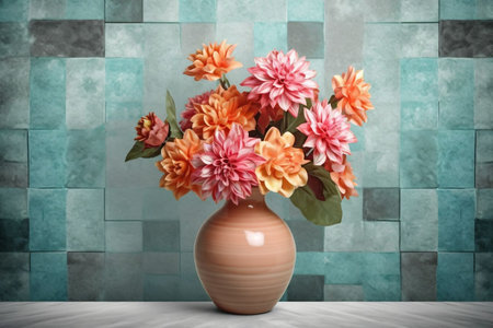 Vase with beautiful dahlia flowers on table against color wallの素材