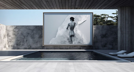 3d rendering of an empty swimming pool with a picture on the wallの素材