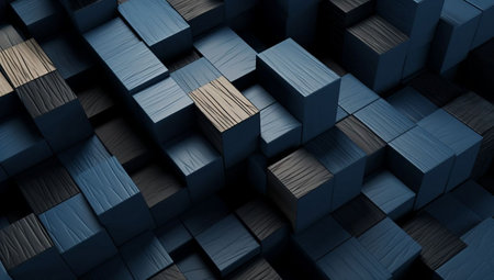 3d rendering of abstract geometric shapes in black and blue colors.の素材