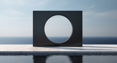 Black podium on the background of the sea. 3D rendering.の素材