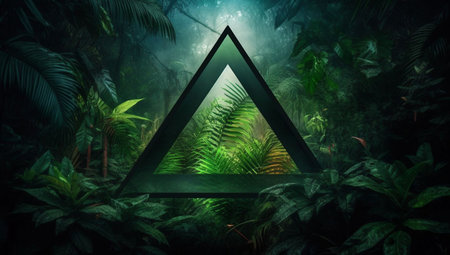 3D rendering of a dark green forest with a triangle in the middleの素材