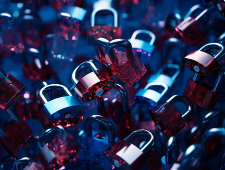 3D rendering of a group of padlocks on a blue backgroundの素材