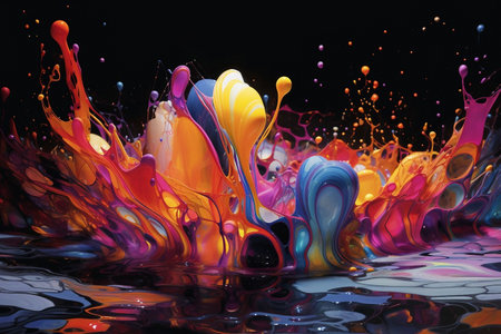 Colorful paint splashes on black background. 3d render illustrationの素材