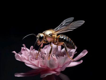 Bee on pink flower isolated on black background, macro photography of insectの素材